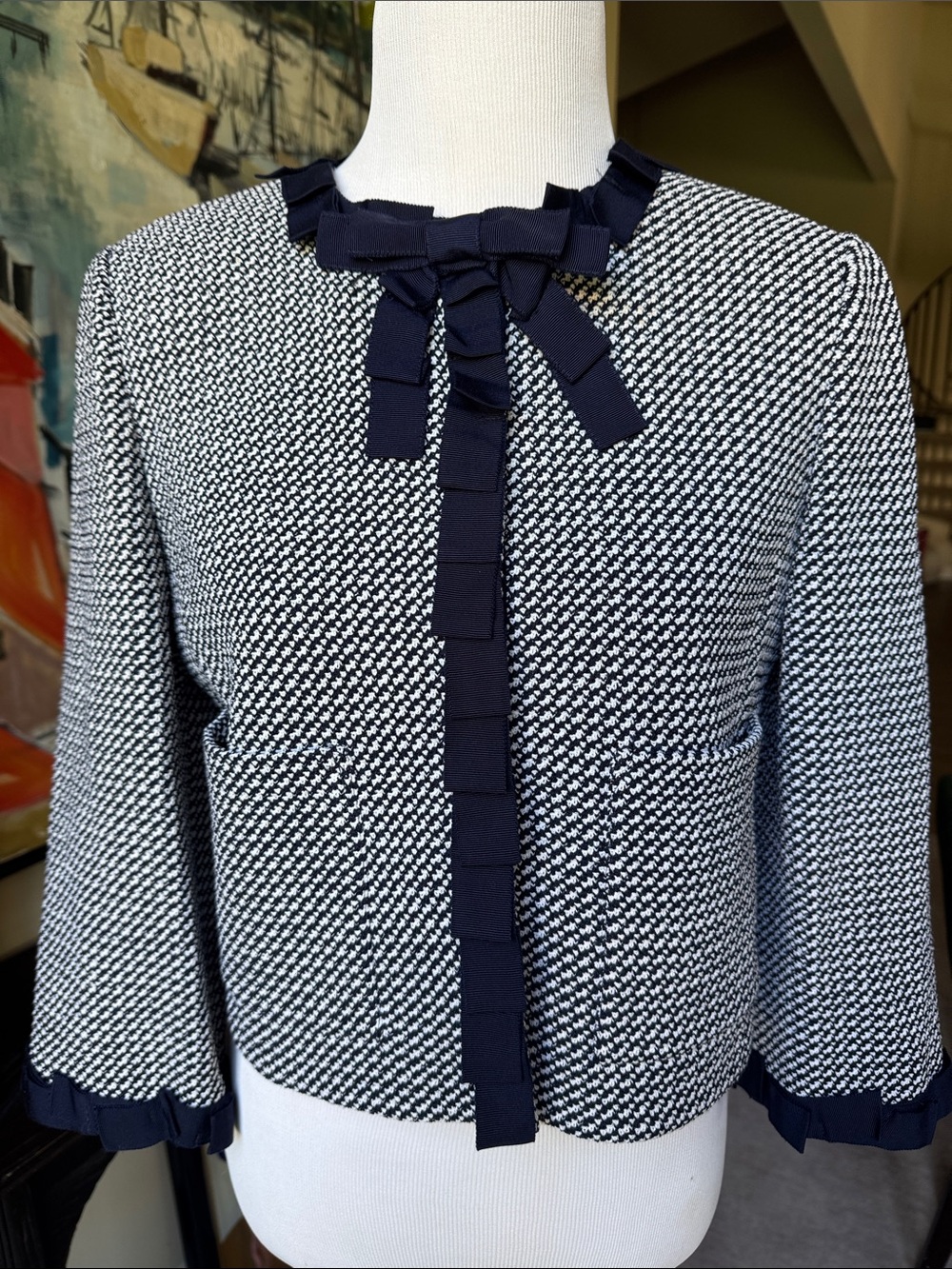 St. John Navy and White Tweed Bow-Trim Jacket
